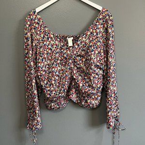 H&M Floral Ruched Long-sleeve Top, Large, Multicolor